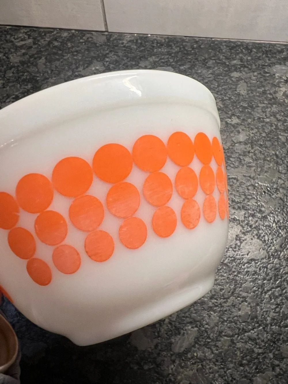 Pyrex White Milk Glass Mixing Bowl with Orange Dot Pattern Great condition.